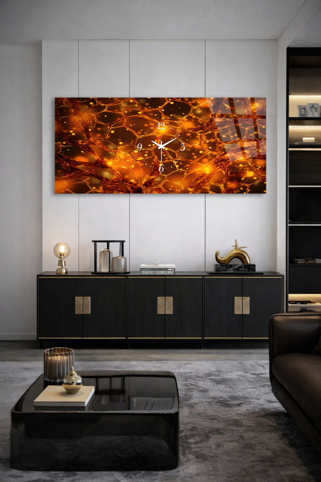 KIRILMAZ CAM DUVAR SAATİ , HEM TABLO HEM SAAT ALTIN PETEK DOKULU IŞILTILI TASARIM EV OFİS HEDİYESİ