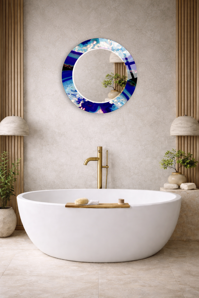 HEM TABLO HEM AYNA MAVİ MERMER AKIŞ DESENLİ CAM DUVAR AYNASI EV DEKORU