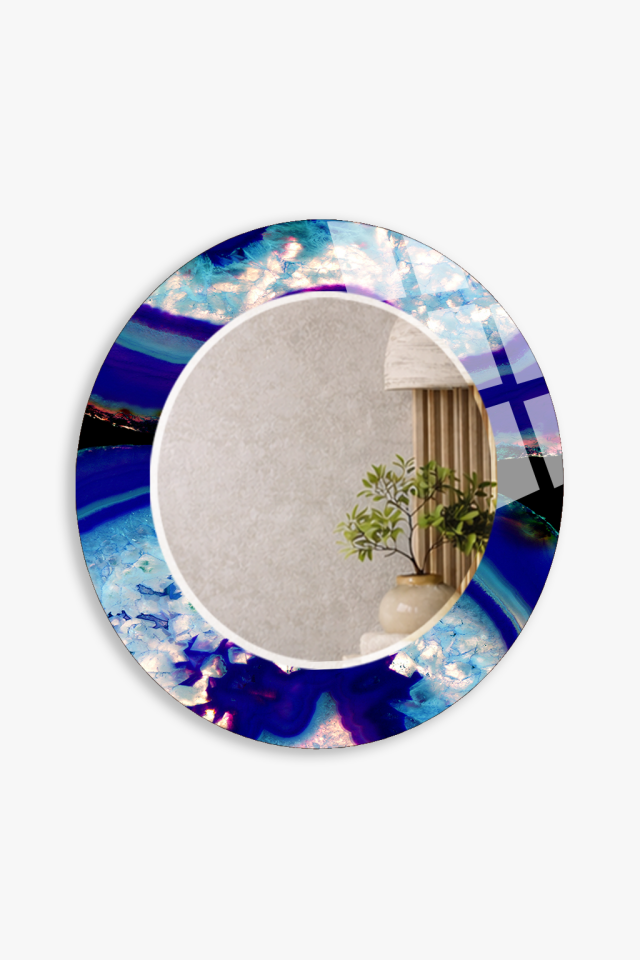 HEM TABLO HEM AYNA MAVİ MERMER AKIŞ DESENLİ CAM DUVAR AYNASI EV DEKORU