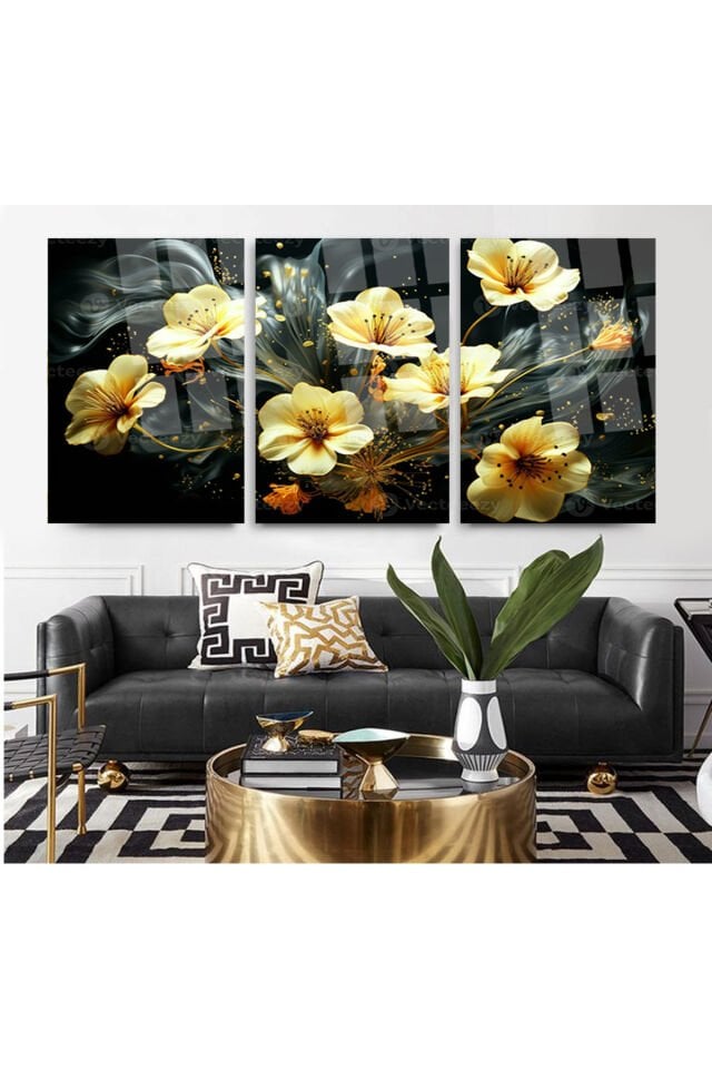 3 LÜ HARİKA SARI ÇİÇEKLER TASARIMI CAM TABLO KIRILMAZ CAM TABLO ULTRA CANLI RENKLER EV HEDİYESİ