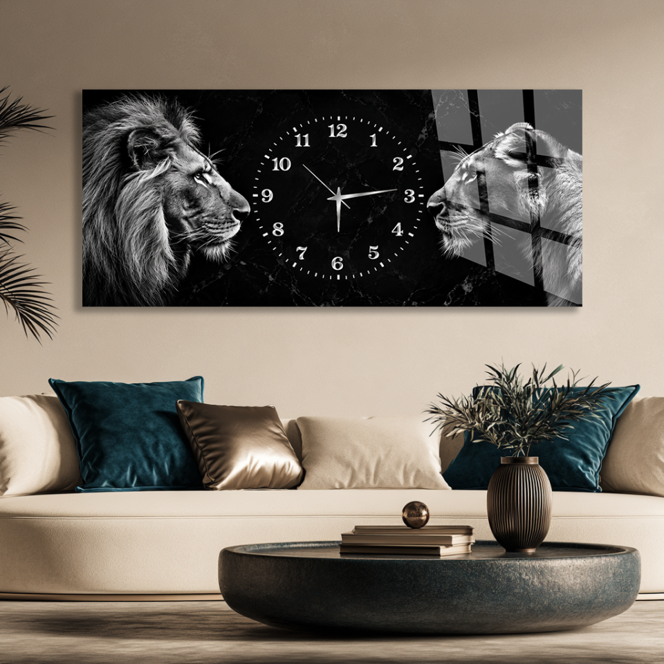 SİYAH BEYAZ ASLAN DİŞİ ASLAN FİGÜRLÜ DEKORATİF CAM SAAT EV OFİS HEDİYESİ