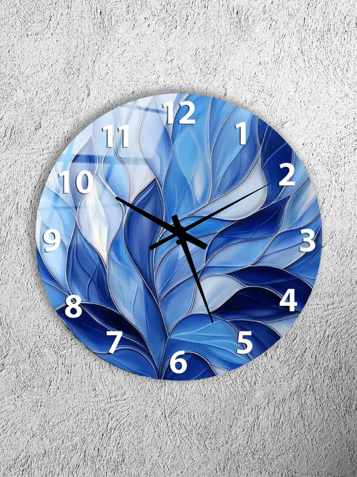 KIRILMAZ CAM DUVAR SAATİ, HEM TABLO HEM SAAT MAVİ YAPRAK DESENLİ ZARİF TASARIM EV OFİS HEDİYESİ