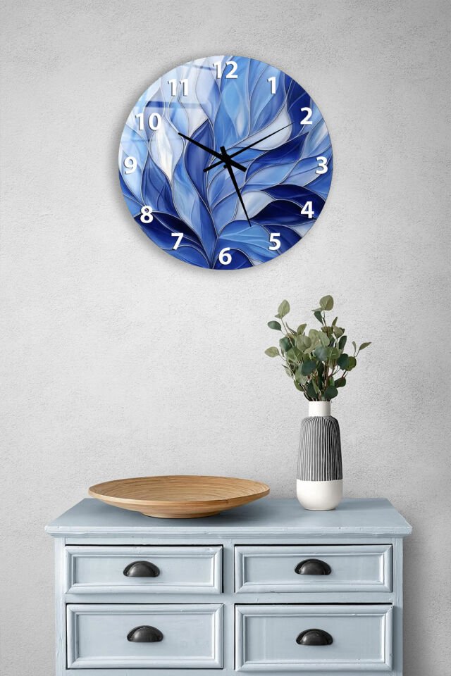 KIRILMAZ CAM DUVAR SAATİ, HEM TABLO HEM SAAT MAVİ YAPRAK DESENLİ ZARİF TASARIM EV OFİS HEDİYESİ