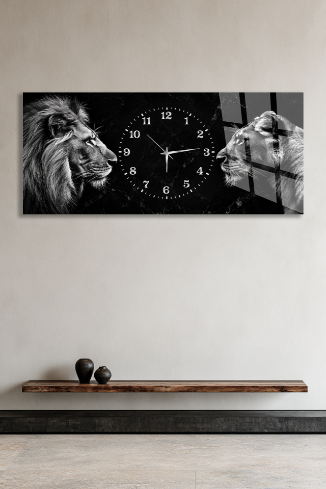 SİYAH BEYAZ ASLAN DİŞİ ASLAN FİGÜRLÜ DEKORATİF CAM SAAT EV OFİS HEDİYESİ