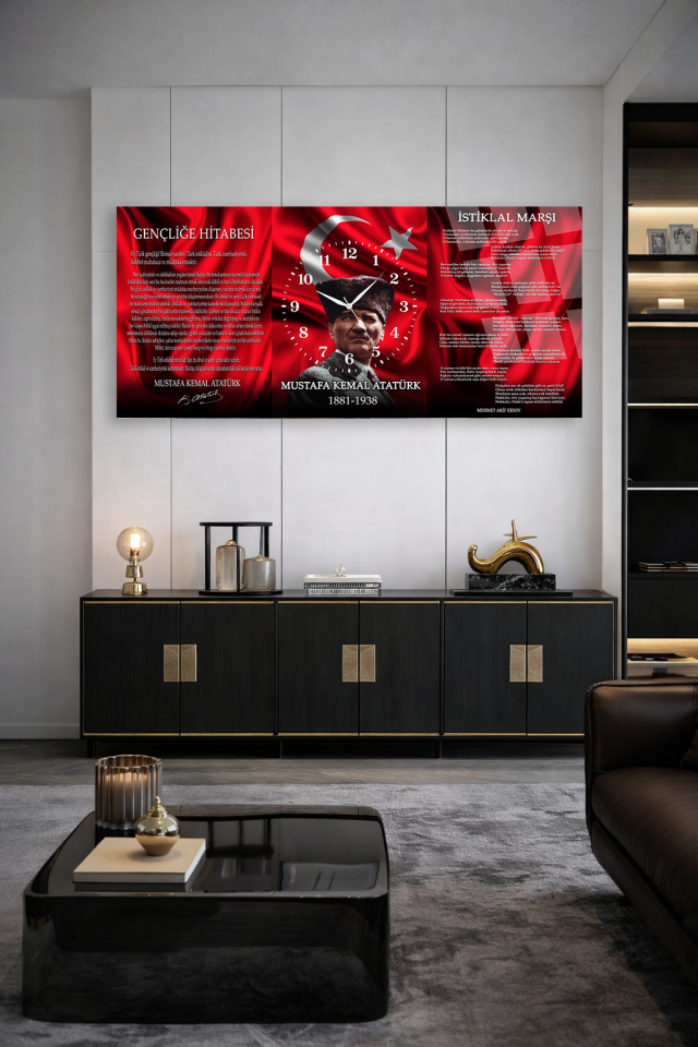 KIRILMAZ CAM DUVAR SAATİ , HEM TABLO HEM SAAT ATATÜRK BAYRAK VE GENÇLİĞE HİTABE EV OFİS HEDİYESİ