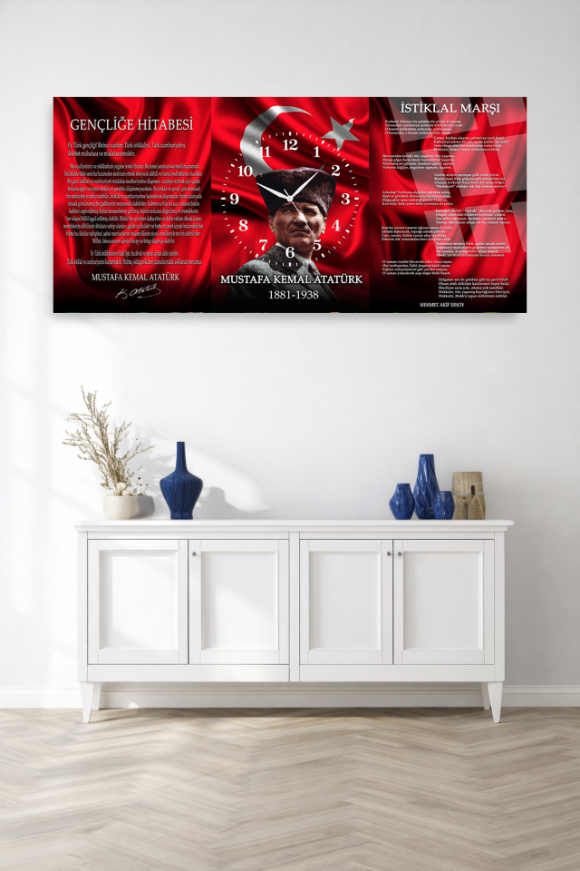 KIRILMAZ CAM DUVAR SAATİ , HEM TABLO HEM SAAT ATATÜRK BAYRAK VE GENÇLİĞE HİTABE EV OFİS HEDİYESİ