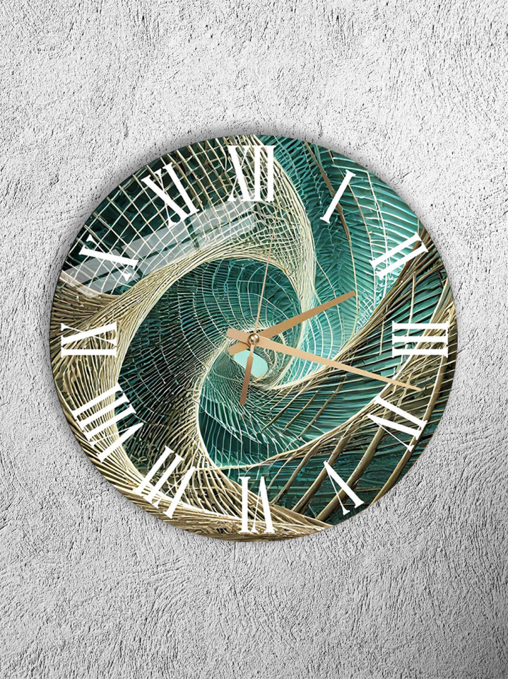 KIRILMAZ CAM DUVAR SAATİ, HEM TABLO HEM SAAT YEŞİL HASIR SPİRAL DOĞAL DOKU EV OFİS HEDİYESİ