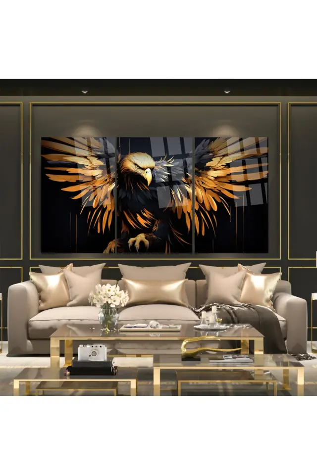 3 LÜ ALTIN KANATLI KARTAL TABLO SET CAM TABLO KIRILMAZ CAM TABLO ULTRA CANLI RENKLER Siyah
