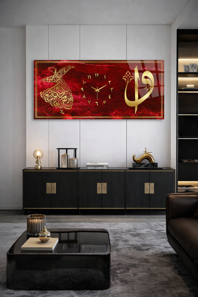 KIRILMAZ CAM DUVAR SAATİ , HEM TABLO HEM SAAT KIRMIZI ZEMİN İSLAMİ HAT SANATI EV OFİS HEDİYESİ