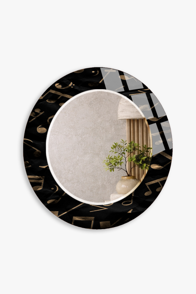 HEM TABLO HEM AYNA SİYAH ALTIN MÜZİK NOTALI CAM DUVAR AYNASI EV DEKORU