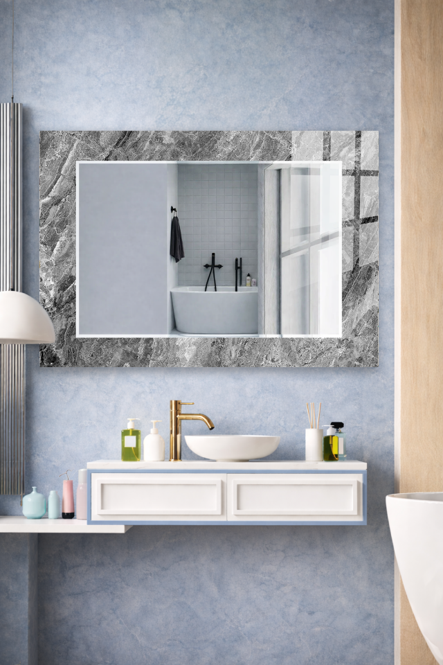 HEM TABLO HEM AYNA GRİ MERMER MODERN TASARIM CAM DUVAR AYNASI EV DEKORU