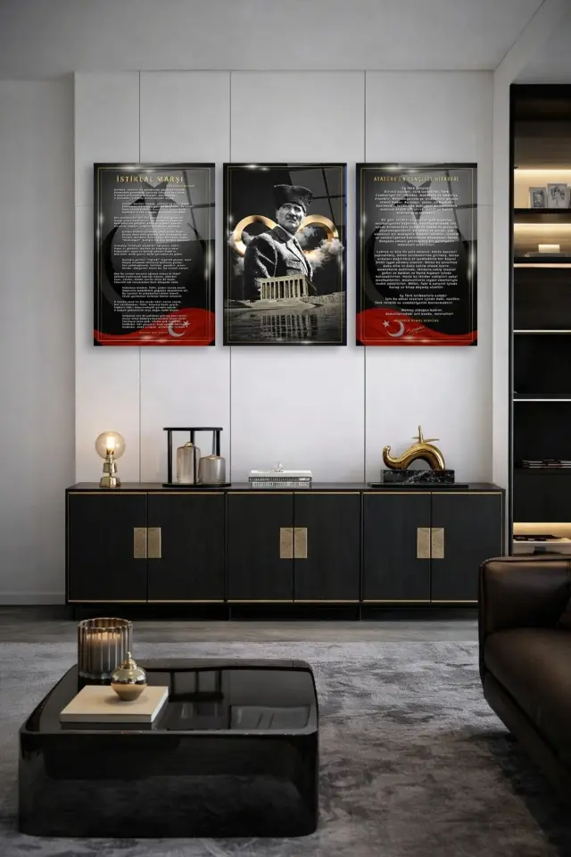 3 LÜ ATATÜRK KÖŞESİ İSTİKLAL MARŞI, ATATÜRK, GENÇLİĞE HİTABE SET TABLO TASARIMI KIRILMAZ CAM TABLO