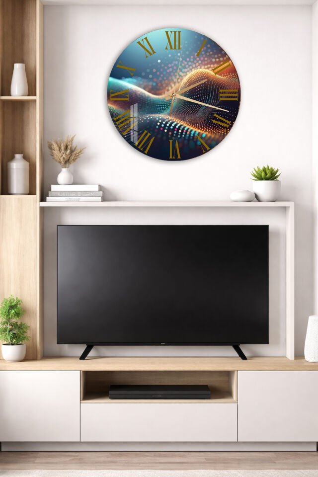 KIRILMAZ CAM DUVAR SAATİ, HEM TABLO HEM SAAT ALTIN MAVİ DALGA DİJİTAL SOYUT TASARIM EV OFİS HEDİYESİ