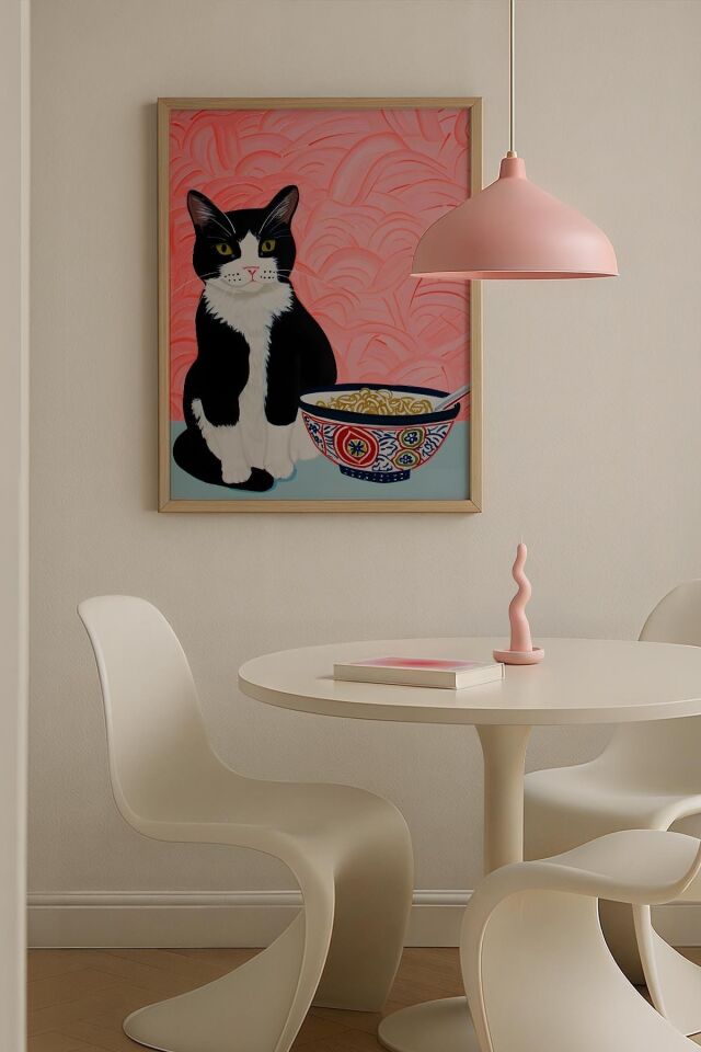 DOĞAL AHŞAP - Kedi İllüstrasyonu Siyah Maksimalist Sanatı Ahşap Çerçeveli Duvar Tablosu