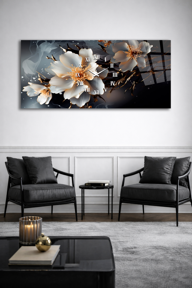 KIRILMAZ CAM DUVAR SAATİ , HEM TABLO HEM SAAT BEYAZ ÇİÇEK ALTIN DETAYLI TASARIM EV OFİS HEDİYESİ