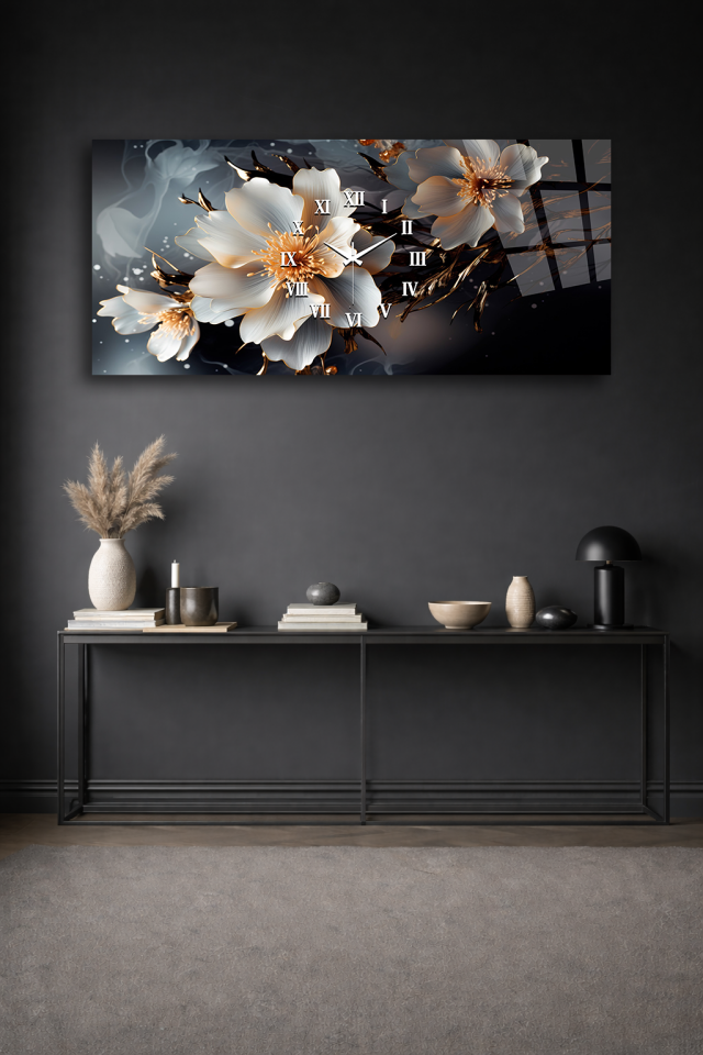 KIRILMAZ CAM DUVAR SAATİ , HEM TABLO HEM SAAT BEYAZ ÇİÇEK ALTIN DETAYLI TASARIM EV OFİS HEDİYESİ