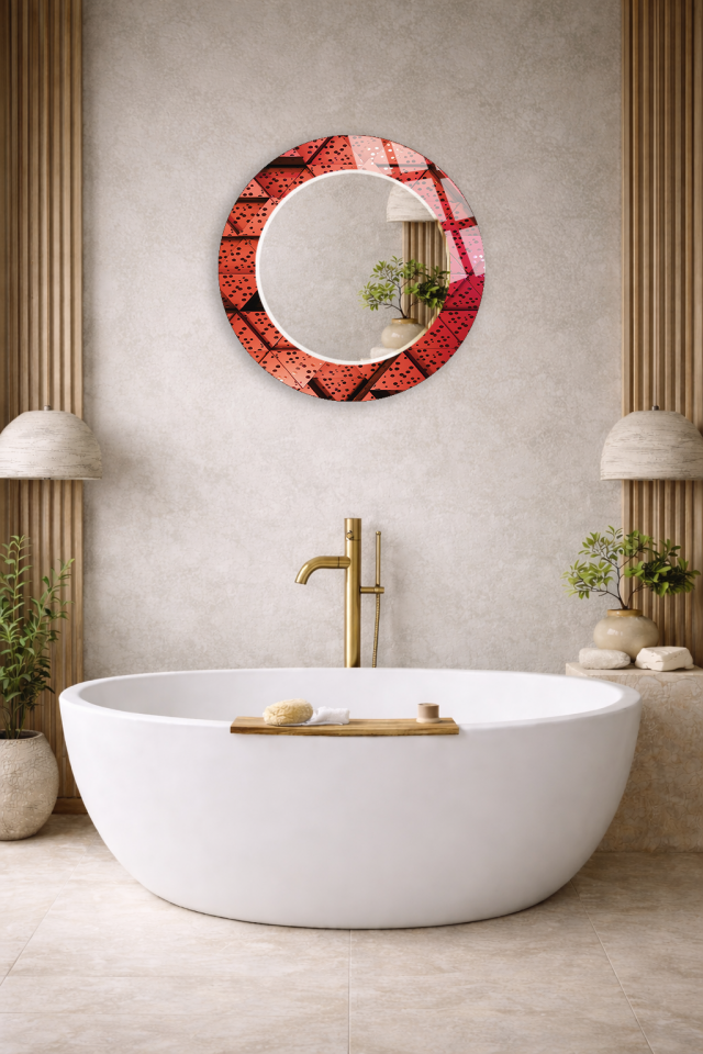 HEM TABLO HEM AYNA KIRMIZI GEOMETRİK DESENLİ CAM DUVAR AYNASI EV DEKORU