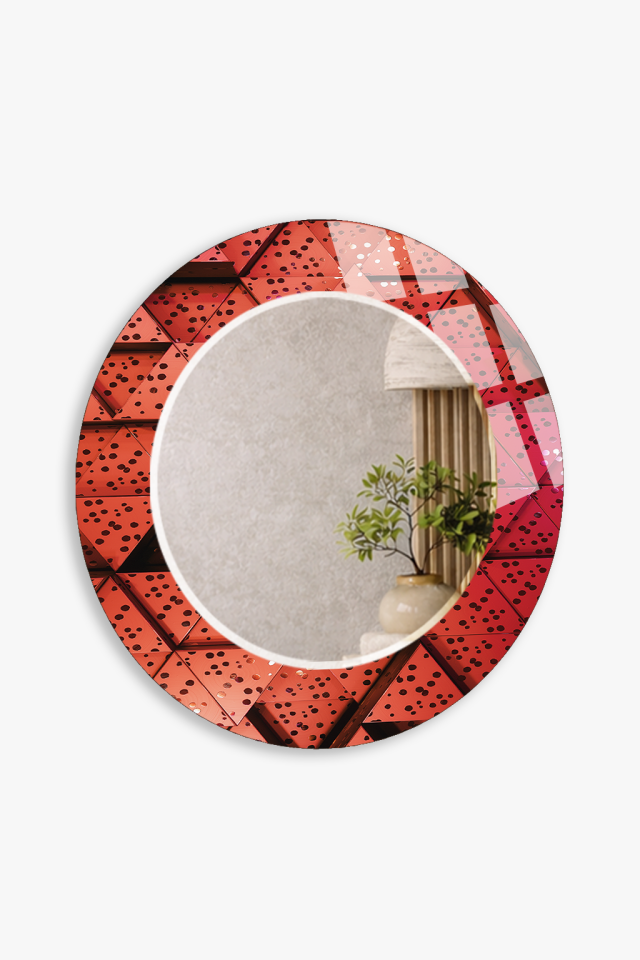 HEM TABLO HEM AYNA KIRMIZI GEOMETRİK DESENLİ CAM DUVAR AYNASI EV DEKORU