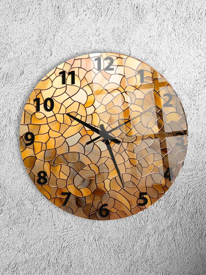 KIRILMAZ CAM DUVAR SAATİ, HEM TABLO HEM SAAT ALTIN TON MOZAİK DESENLİ ŞIK TASARIM EV OFİS HEDİYESİ