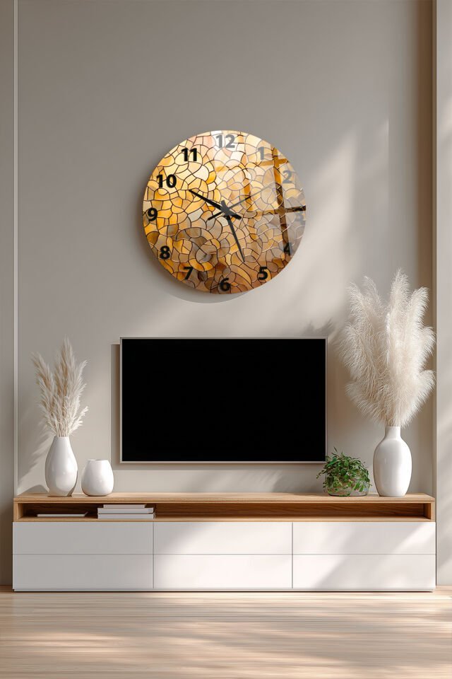 KIRILMAZ CAM DUVAR SAATİ, HEM TABLO HEM SAAT ALTIN TON MOZAİK DESENLİ ŞIK TASARIM EV OFİS HEDİYESİ