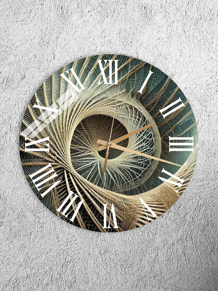 KIRILMAZ CAM DUVAR SAATİ, HEM TABLO HEM SAAT YEŞİL ALTIN SPİRAL ORGANİK DESEN EV OFİS HEDİYESİ