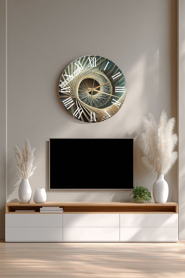 KIRILMAZ CAM DUVAR SAATİ, HEM TABLO HEM SAAT YEŞİL ALTIN SPİRAL ORGANİK DESEN EV OFİS HEDİYESİ