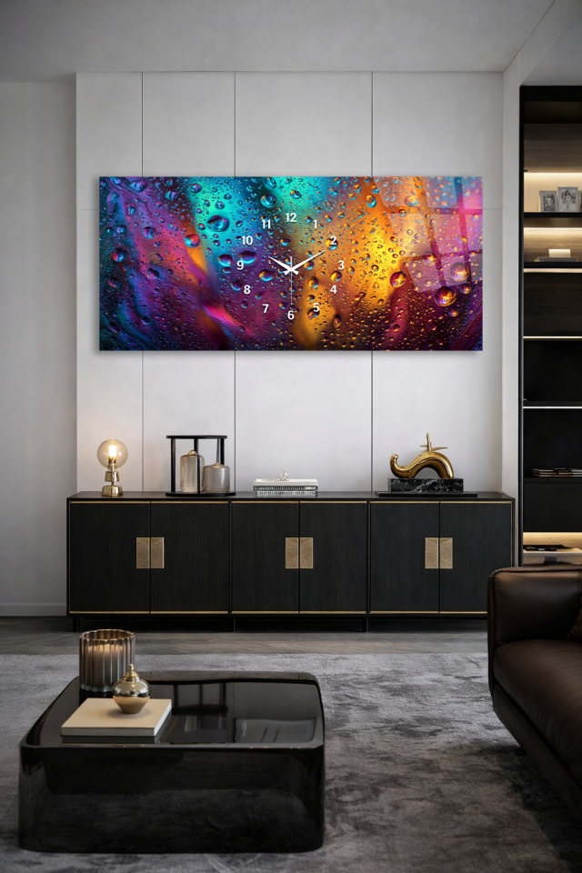 KIRILMAZ CAM DUVAR SAATİ , HEM TABLO HEM SAAT DAMLA EFEKTLİ RENKLİ CAM TASARIM EV OFİS HEDİYESİ