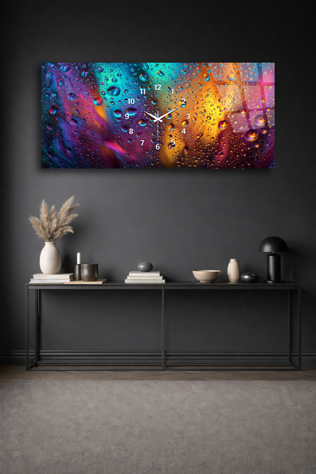 KIRILMAZ CAM DUVAR SAATİ , HEM TABLO HEM SAAT DAMLA EFEKTLİ RENKLİ CAM TASARIM EV OFİS HEDİYESİ
