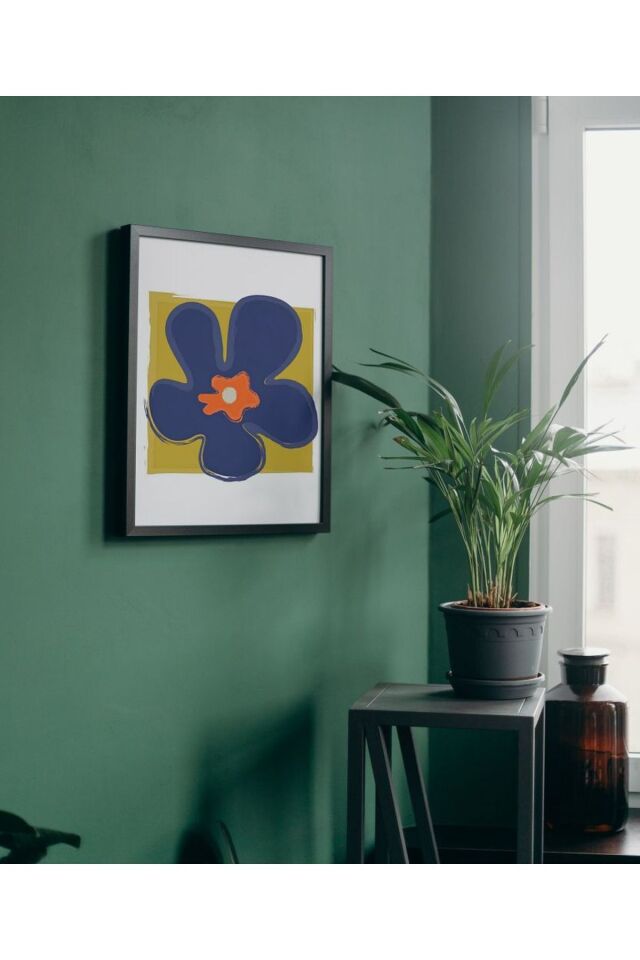 Çok Renkli - Big Flower Mavi Çiçek Pinterest Hediyelik Poster Çerçeveli Sanatsal Tasarım Tablo