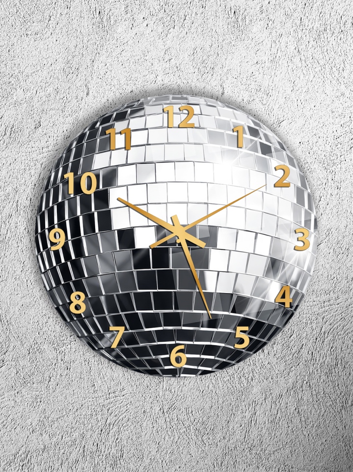 KIRILMAZ CAM DUVAR SAATİ, HEM TABLO HEM SAAT AYNA TOPU DISCO TEMALI MODERN TASARIM EV OFİS HEDİYESİ