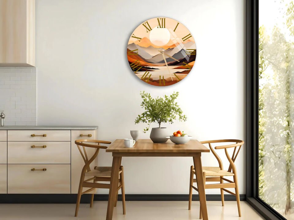 KIRILMAZ CAM DUVAR SAATİ, HEM TABLO HEM SAAT GÜN DOĞUMU DAĞ GÖL MANZARASI EV OFİS HEDİYESİ