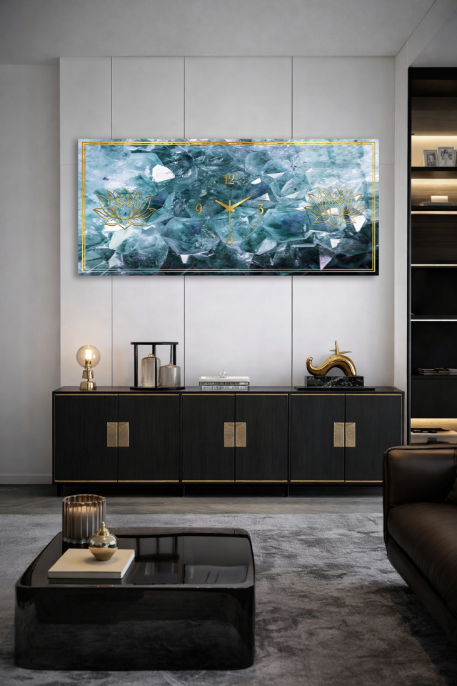 KIRILMAZ CAM DUVAR SAATİ , HEM TABLO HEM SAAT BUZ MAVİ LOTUS DESEN TASARIM EV OFİS HEDİYESİ