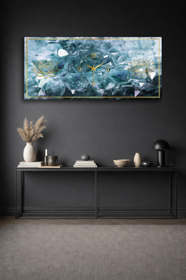 KIRILMAZ CAM DUVAR SAATİ , HEM TABLO HEM SAAT BUZ MAVİ LOTUS DESEN TASARIM EV OFİS HEDİYESİ