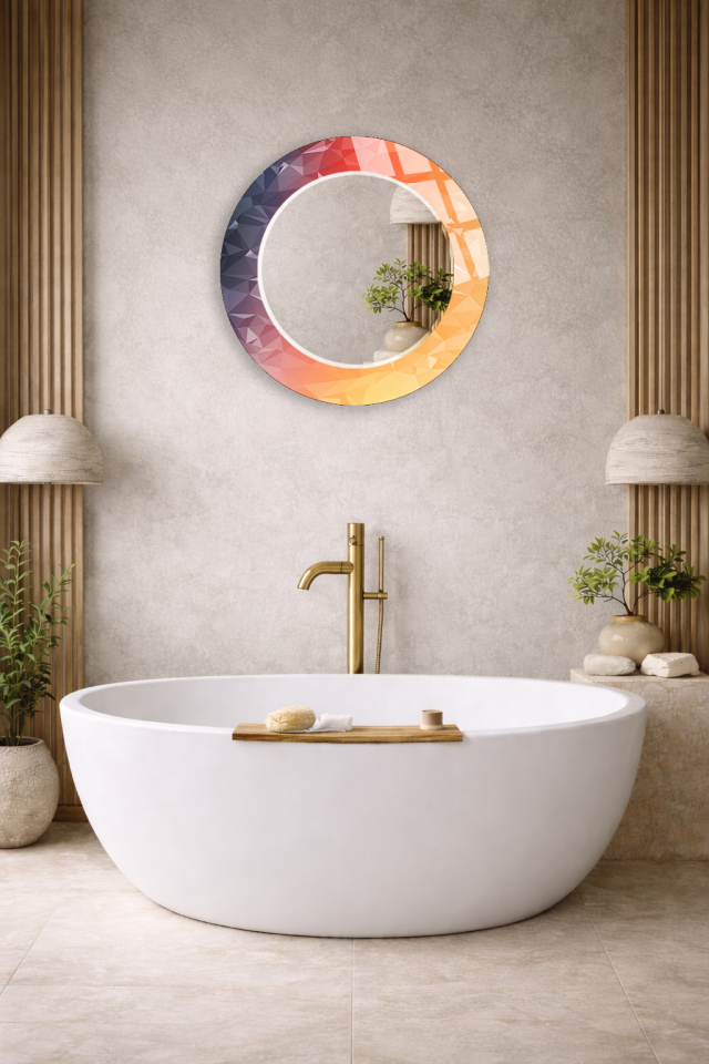 HEM TABLO HEM AYNA TURUNCU MOR POLİGON GRADYAN DESENLİ CAM DUVAR AYNASI EV DEKORU