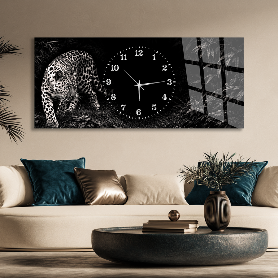 SİYAH BEYAZ ORMANDA LEOPAR FİGÜRLÜ DEKORATİF CAM SAAT EV OFİS HEDİYESİ