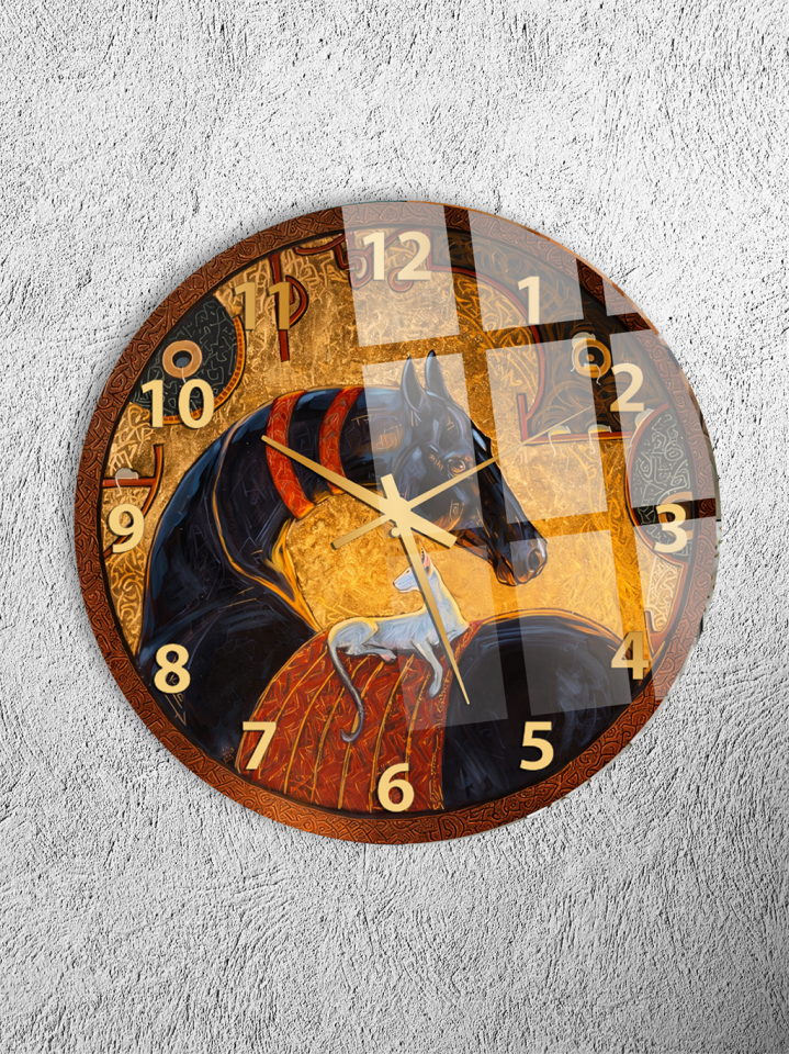 KIRILMAZ CAM DUVAR SAATİ, HEM TABLO HEM SAAT AT FIGÜRLÜ SANATSAL KLASİK TASARIM EV OFİS HEDİYESİ