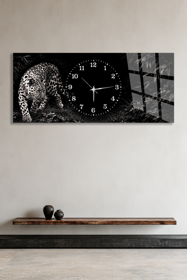 SİYAH BEYAZ ORMANDA LEOPAR FİGÜRLÜ DEKORATİF CAM SAAT EV OFİS HEDİYESİ
