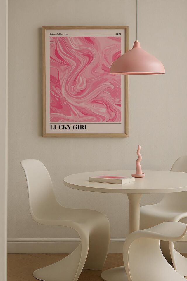 DOĞAL AHŞAP - Soyut Dalga Deseni Pembe Trendy Maksimalist Sanatı Ahşap Çerçeveli Duvar Tablosu