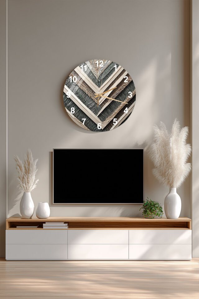 KIRILMAZ CAM DUVAR SAATİ, HEM TABLO HEM SAAT PALMİYE YAPRAĞI GEOMETRİK DESEN MODERN EV OFİS HEDİYESİ