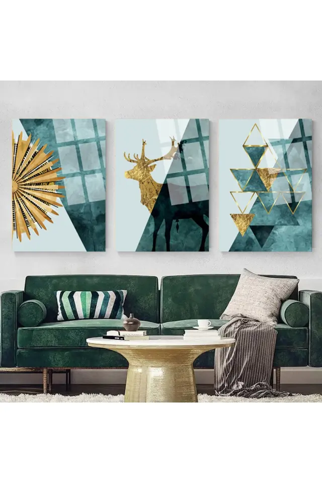 3 LÜ GEOMETRİK DESENLER VE GEYİK SET CAM TABLO KIRILMAZ CAM TABLO ULTRA CANLI RENKLER Turkuaz