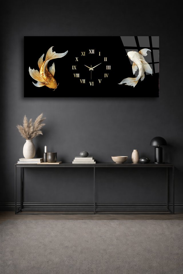 KIRILMAZ CAM DUVAR SAATİ , HEM TABLO HEM SAAT SİYAH ZEMİN KOİ BALIK TASARIM EV OFİS HEDİYESİ