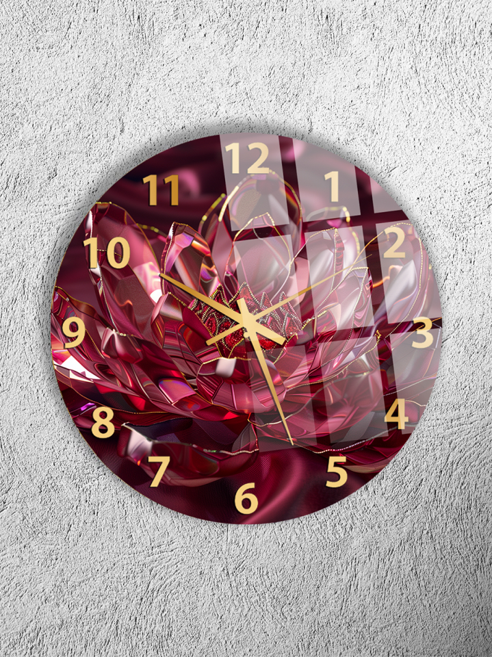 KIRILMAZ CAM DUVAR SAATİ, HEM TABLO HEM SAAT BORDO TON SOYUT ÇİÇEK DESENLİ EV OFİS HEDİYESİ
