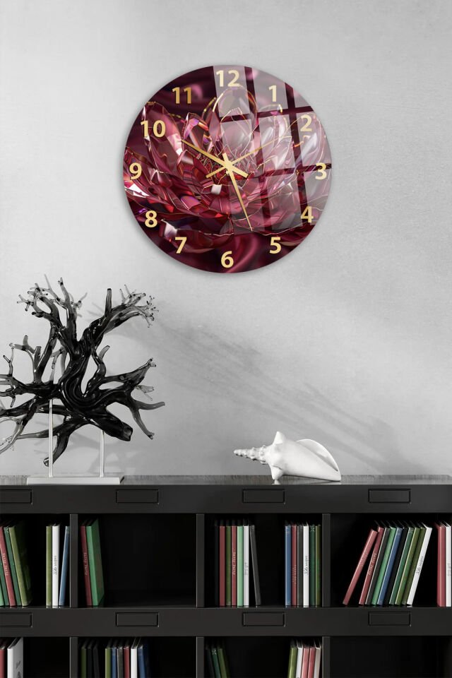 KIRILMAZ CAM DUVAR SAATİ, HEM TABLO HEM SAAT BORDO TON SOYUT ÇİÇEK DESENLİ EV OFİS HEDİYESİ