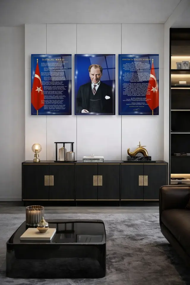 3 LÜ ATATÜRK KÖŞESİ İSTİKLAL MARŞI, ATATÜRK, GENÇLİĞE HİTABE SET TABLO TASARIMI KIRILMAZ CAM TABLO