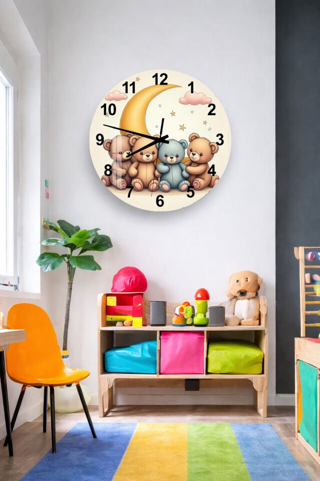 KIRILMAZ CAM DUVAR SAATİ, HEM TABLO HEM SAAT AY VE SEVİMLİ AYICIKLAR ÇOCUK ODASI TASARIM EV OFİS HEDİYESİ