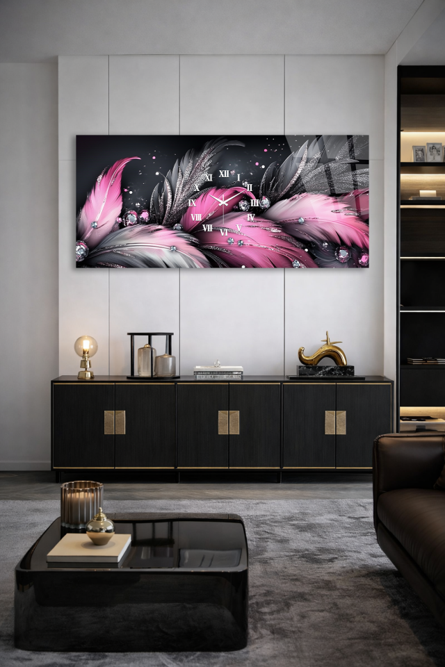 KIRILMAZ CAM DUVAR SAATİ , HEM TABLO HEM SAAT PEMBE TÜY VE TAŞ DETAYLI TASARIM EV OFİS HEDİYESİ