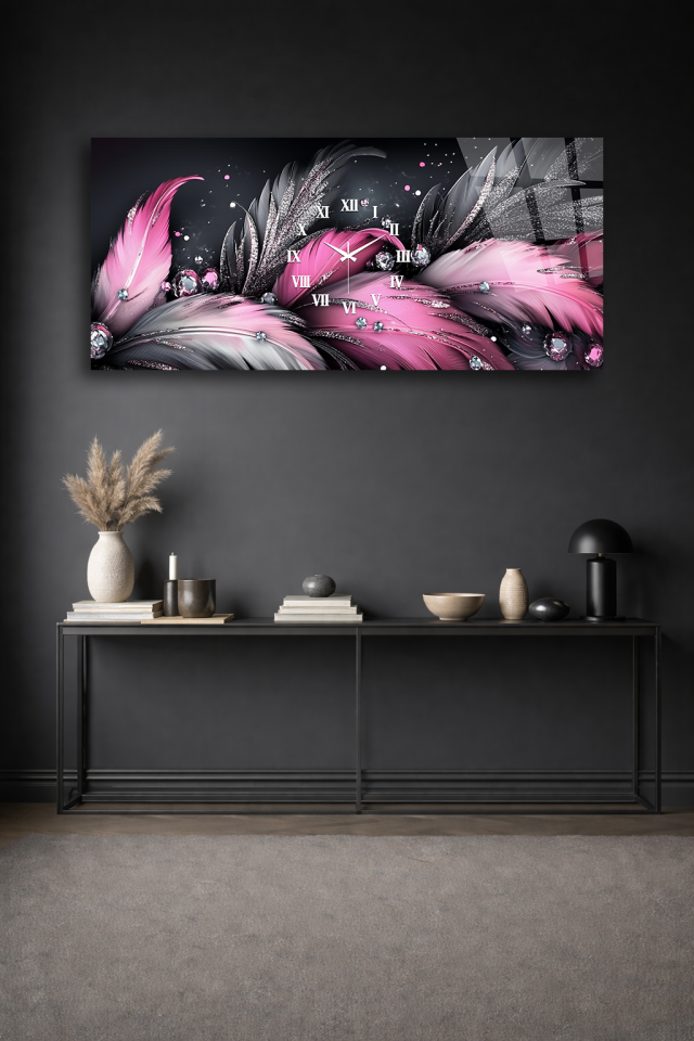 KIRILMAZ CAM DUVAR SAATİ , HEM TABLO HEM SAAT PEMBE TÜY VE TAŞ DETAYLI TASARIM EV OFİS HEDİYESİ