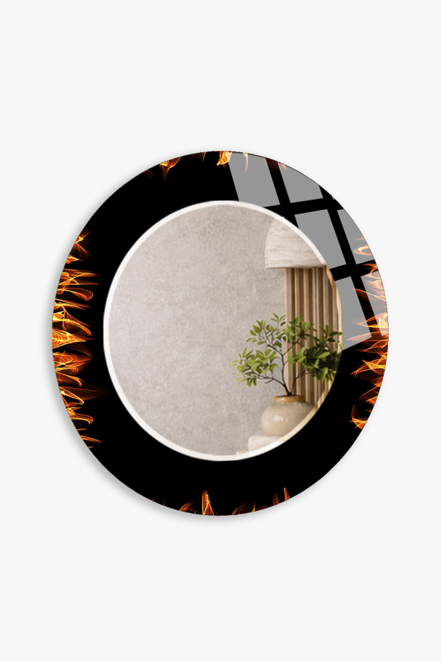 HEM TABLO HEM AYNA ALEV EFEKTLİ SİYAH MODERN DESEN CAM DUVAR AYNASI EV DEKORU