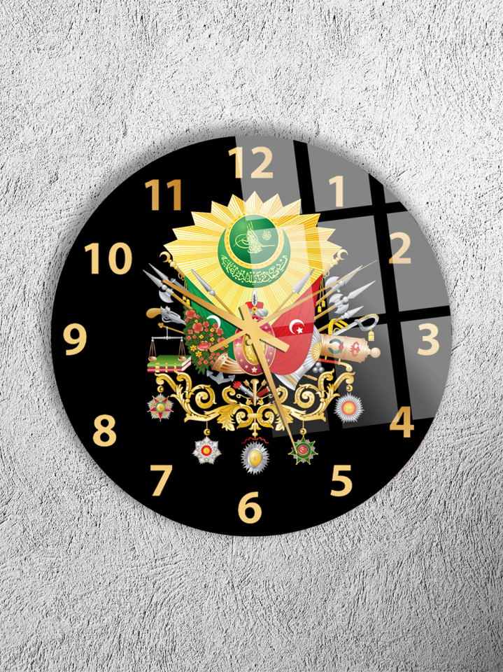 KIRILMAZ CAM DUVAR SAATİ, HEM TABLO HEM SAAT OSMANLI ARMASI TEMALI KLASİK TASARIM EV OFİS HEDİYESİ