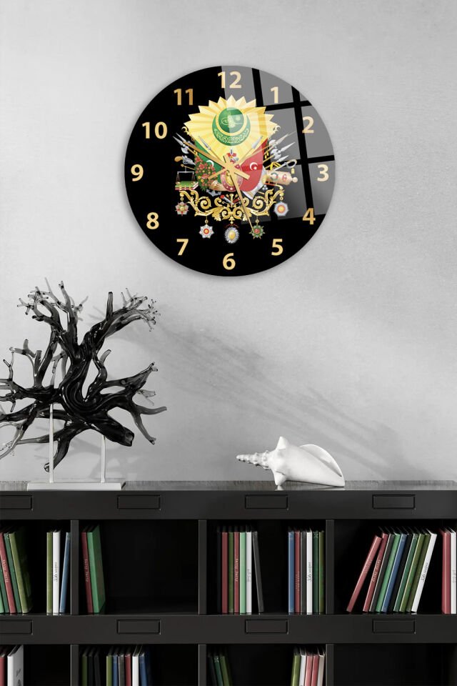 KIRILMAZ CAM DUVAR SAATİ, HEM TABLO HEM SAAT OSMANLI ARMASI TEMALI KLASİK TASARIM EV OFİS HEDİYESİ